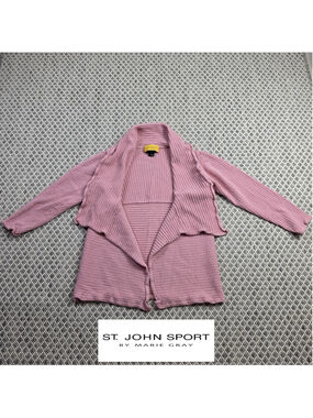 St. John Sport Marie Gray Ribbed Open Front Cardigan Sweater Pink Women’s S